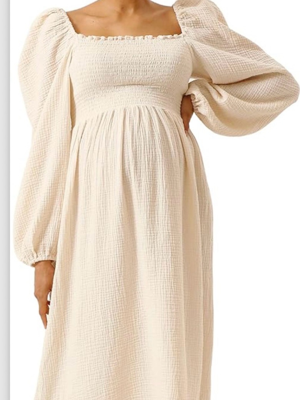 Square-Neck Smocked Maxi Dress with Puff Long Sleeves — Cream